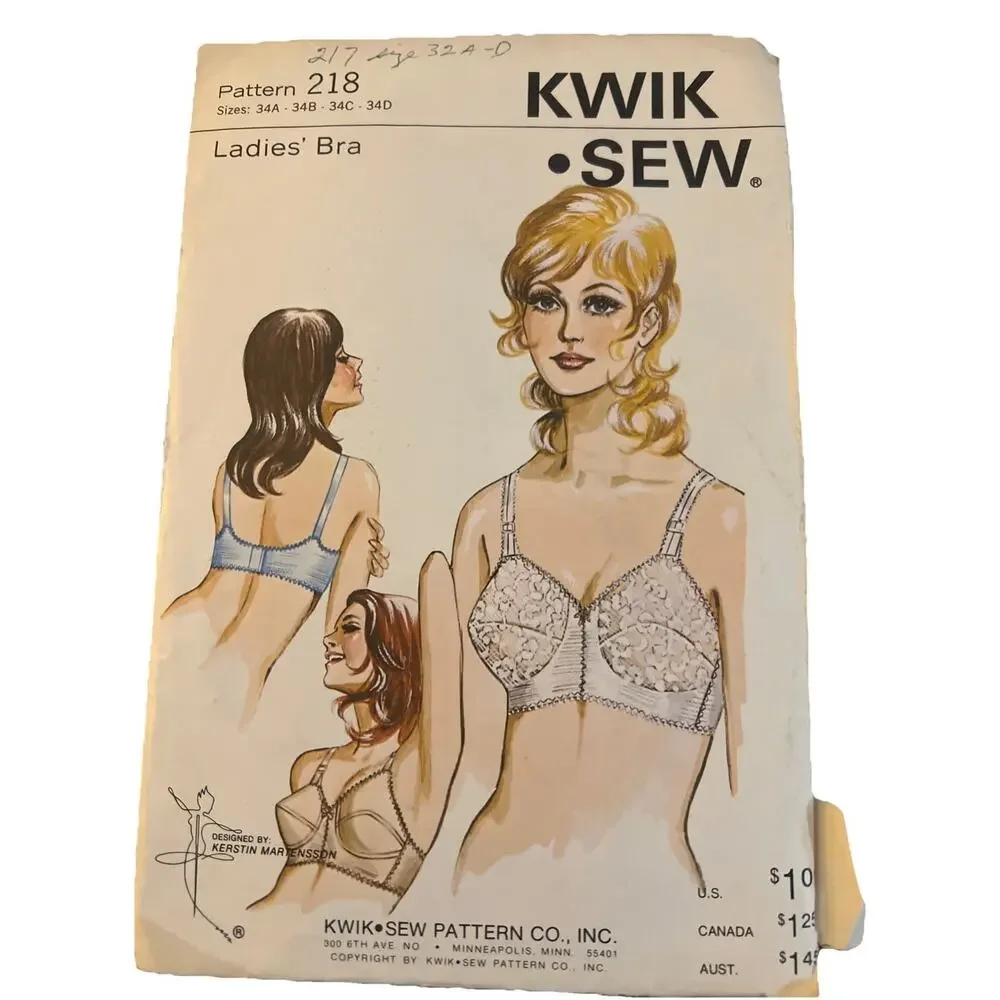 1960's Kwik Sew Bra Sewing Pattern 218 Size 34A 34B 34C 34D UNCUT